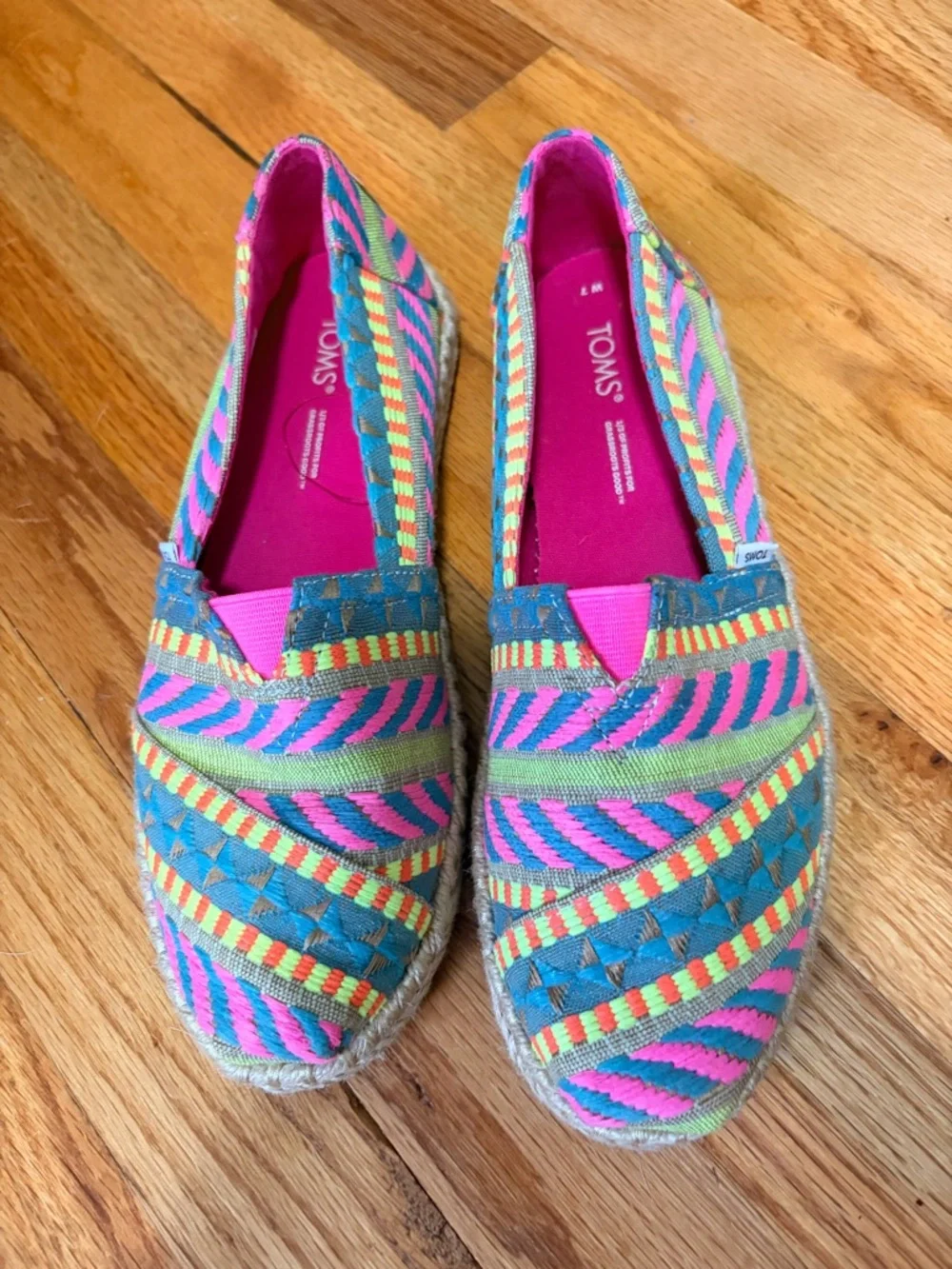 TOMS Neon Pink and Turquoise Multicolor Woven Espadrilles
